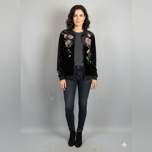 Belle by Kim Gravel Velvet Bomber Jacket with Floral Embroidery XL Whimsy Goth